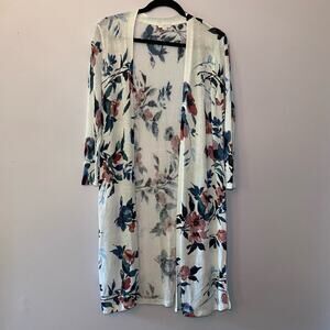 J. Jill White Floral Linen Blend Duster Long Cardigan Minimalist Women's size XS